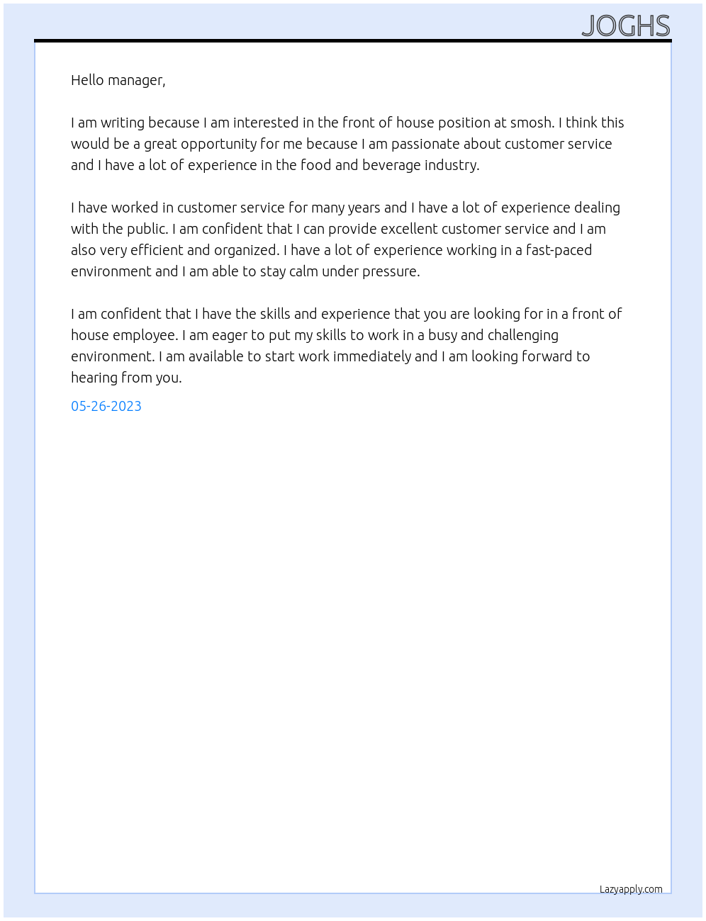 front of house At smosh Cover Letter