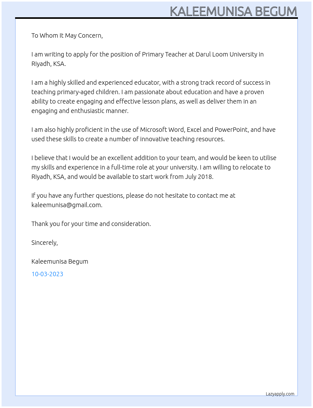 PRIMARY TEACHER At DARUL LOOM UNIVERSITY RIYADH K.S.A Cover Letter