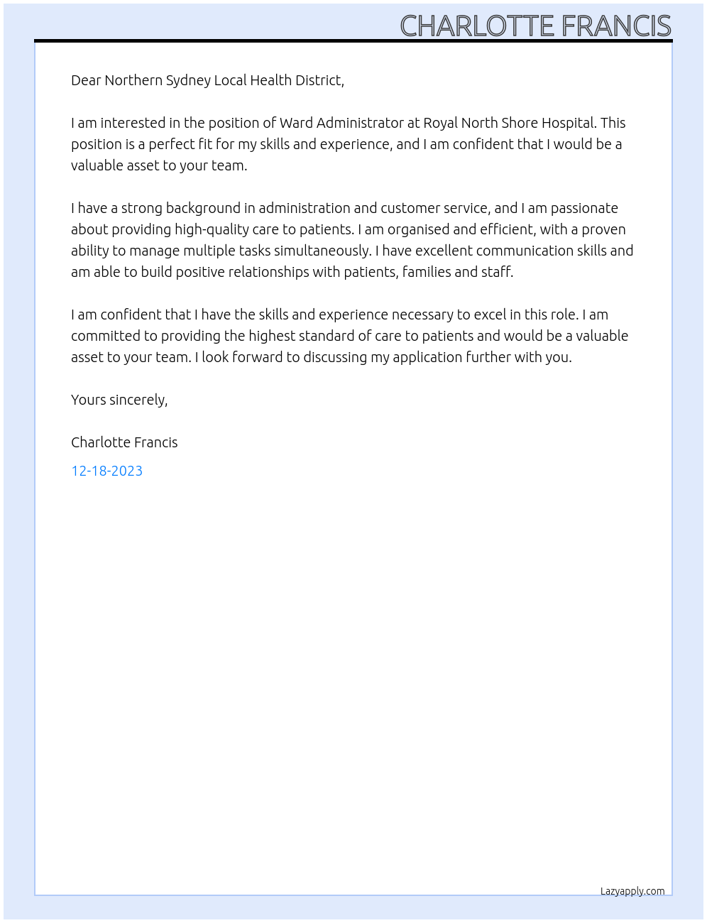 Ward Administrator  At Royal North Shore Hospital Cover Letter