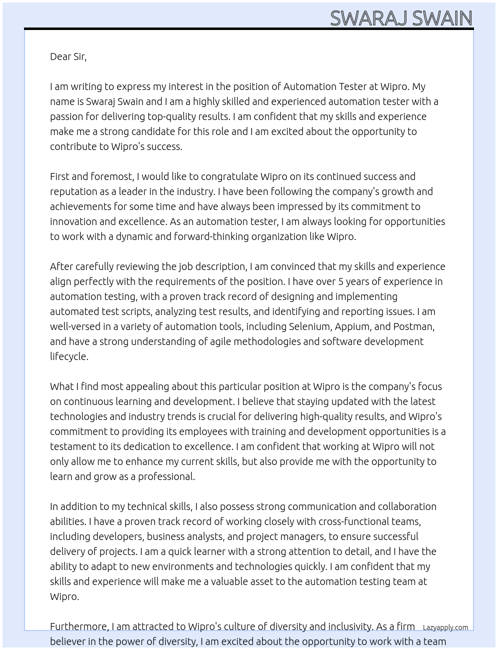 automation tester At wipro Cover Letter