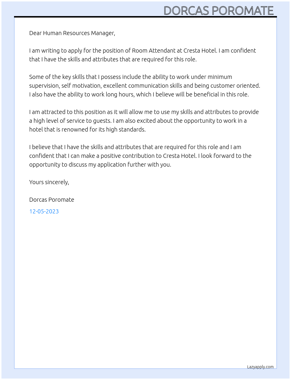  Room Attendant  At Cresta Hotel Cover Letter