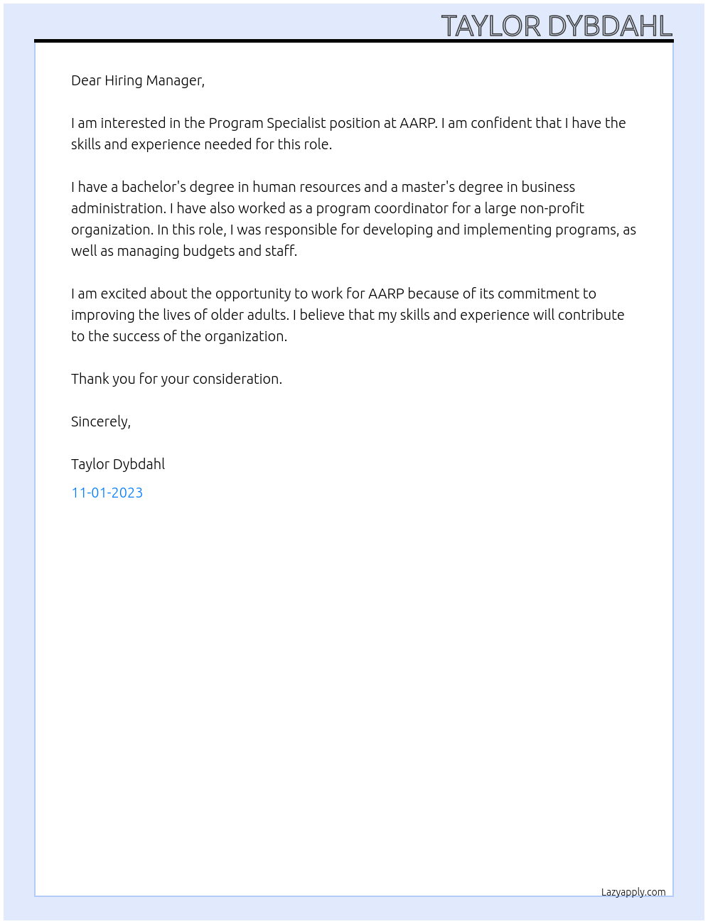 Program Specialist At AARP Cover Letter