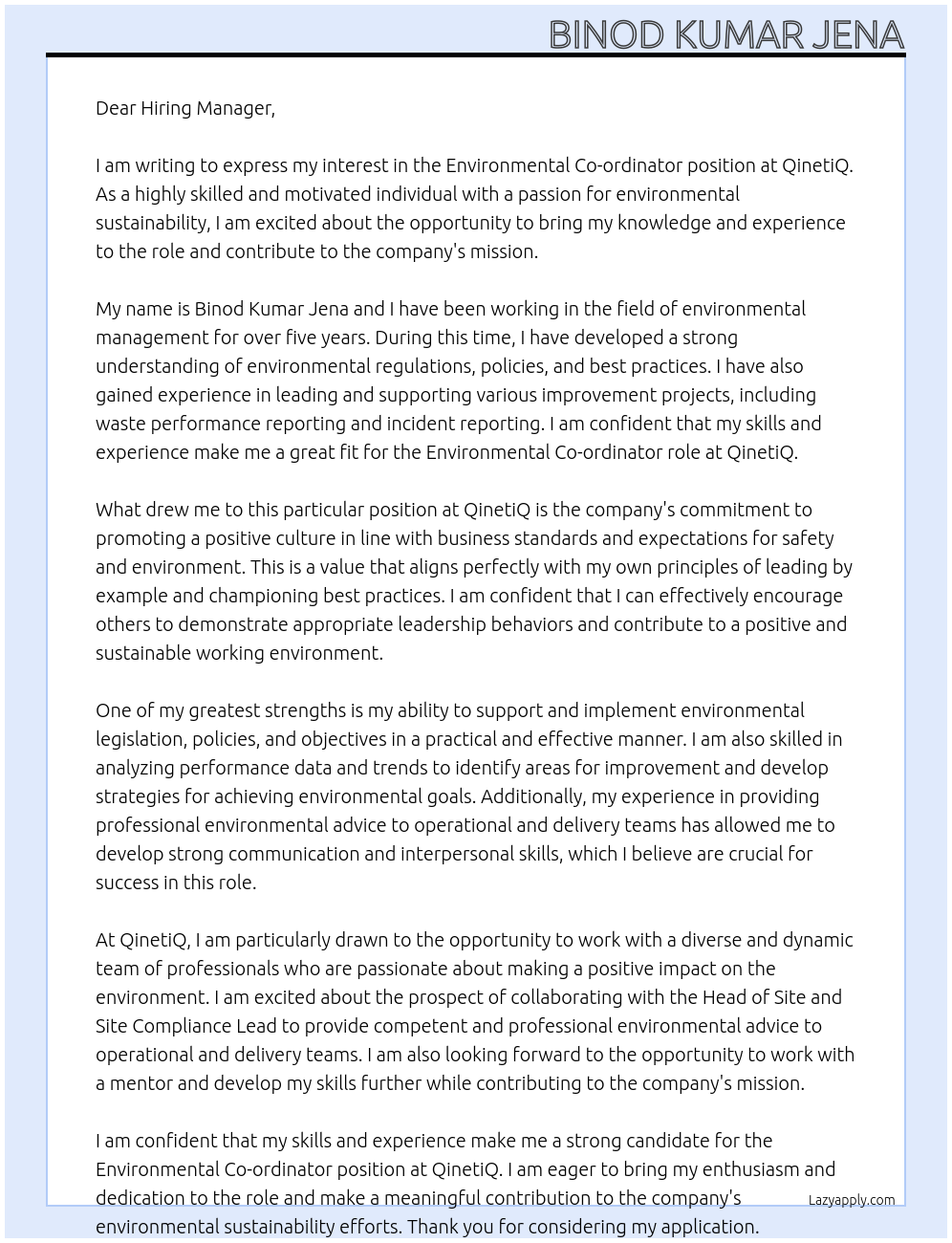Cover letter for environmental coordinator - LazyApply