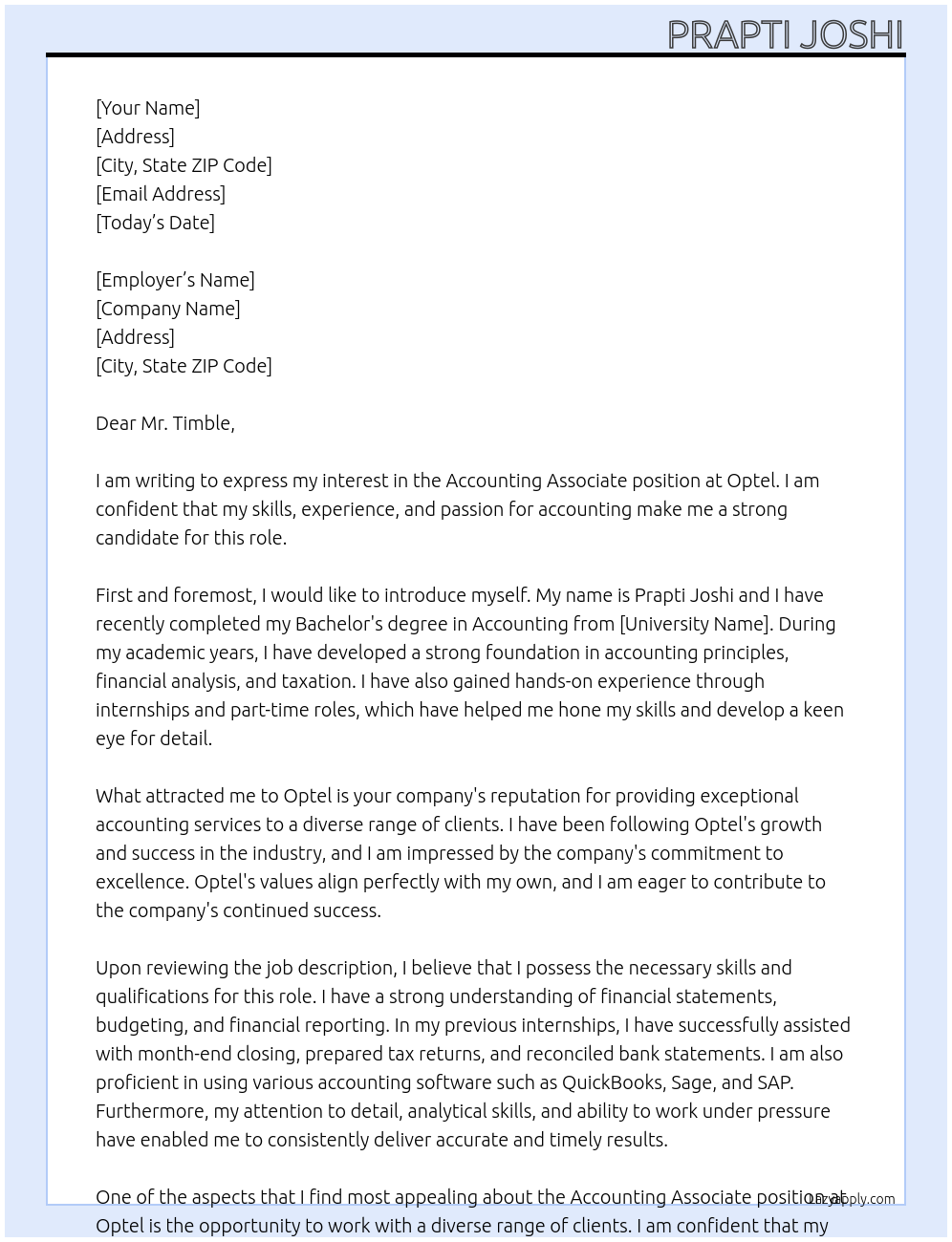 Accounting associate  At Optel Cover Letter