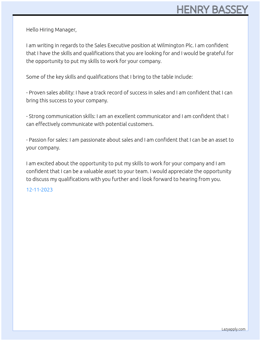 Sale Executive At Wilmington Plc Cover Letter