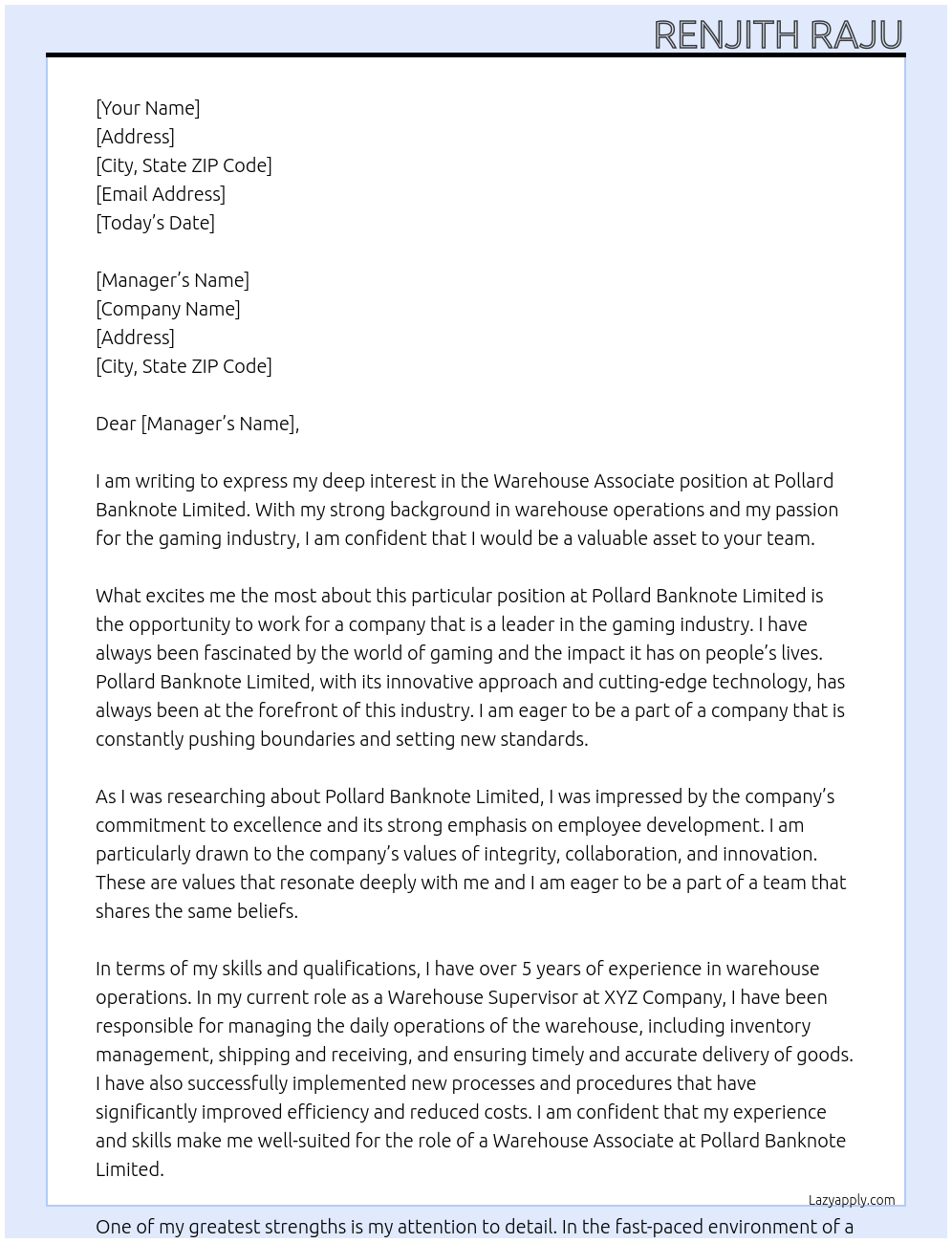 warehouse associate At pollard banknote limited Cover Letter