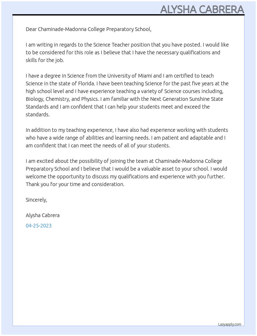 Science Teacher At Chaminade-Madonna College Preparatory School Cover Letter