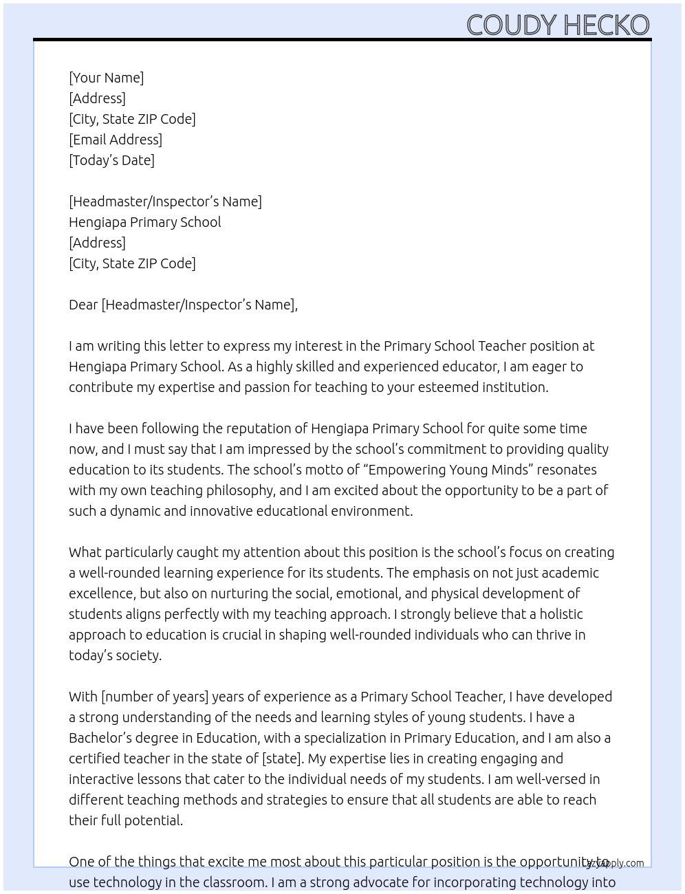 Primary School Teacher At A teaching Position at Hengiapa Primary School Cover Letter