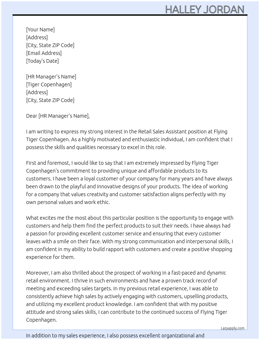 Retail sales assistant At Flying Tiger Copenhagen Cover Letter