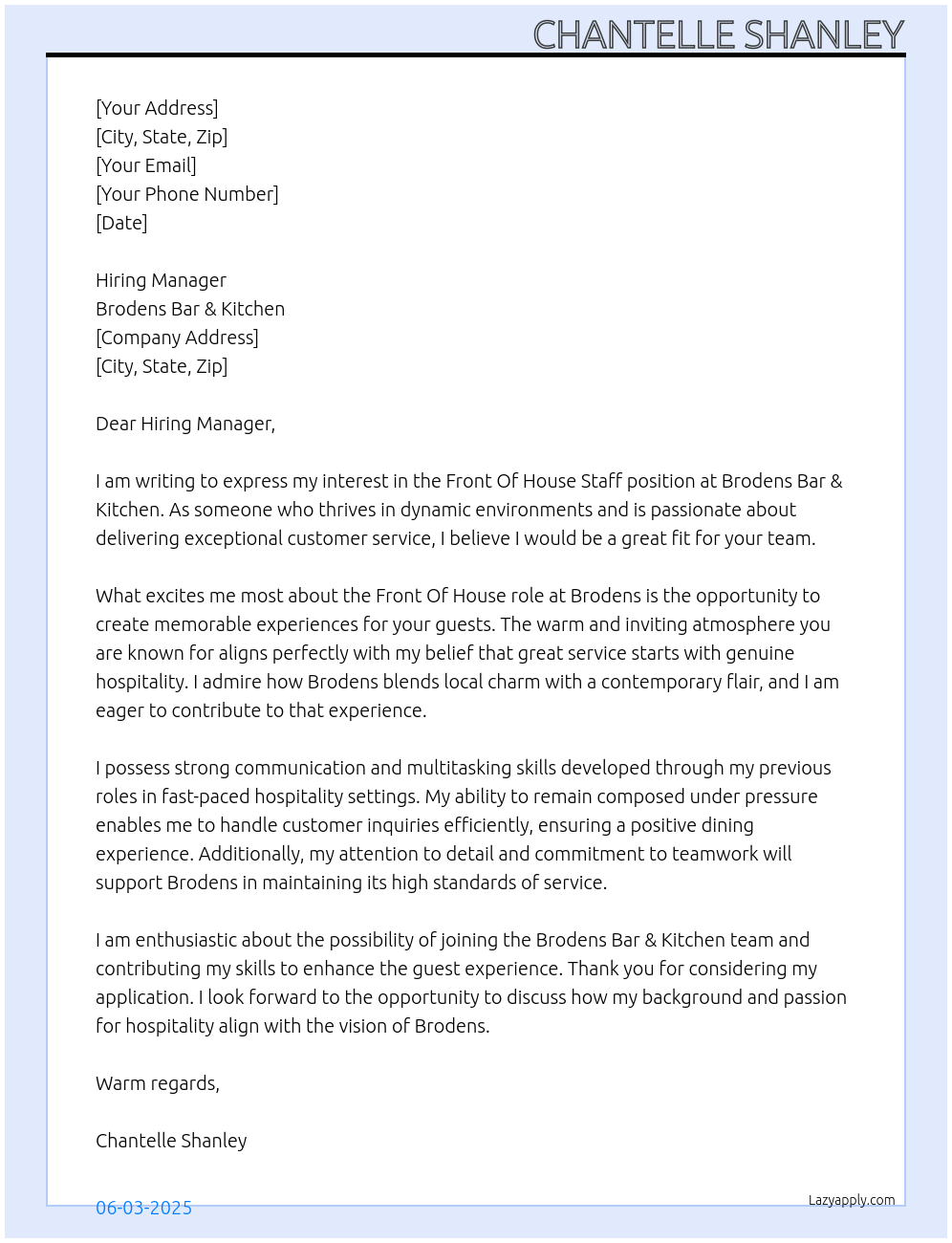 Front Of House Staff At Brodens Bar & Kitchen Cover Letter