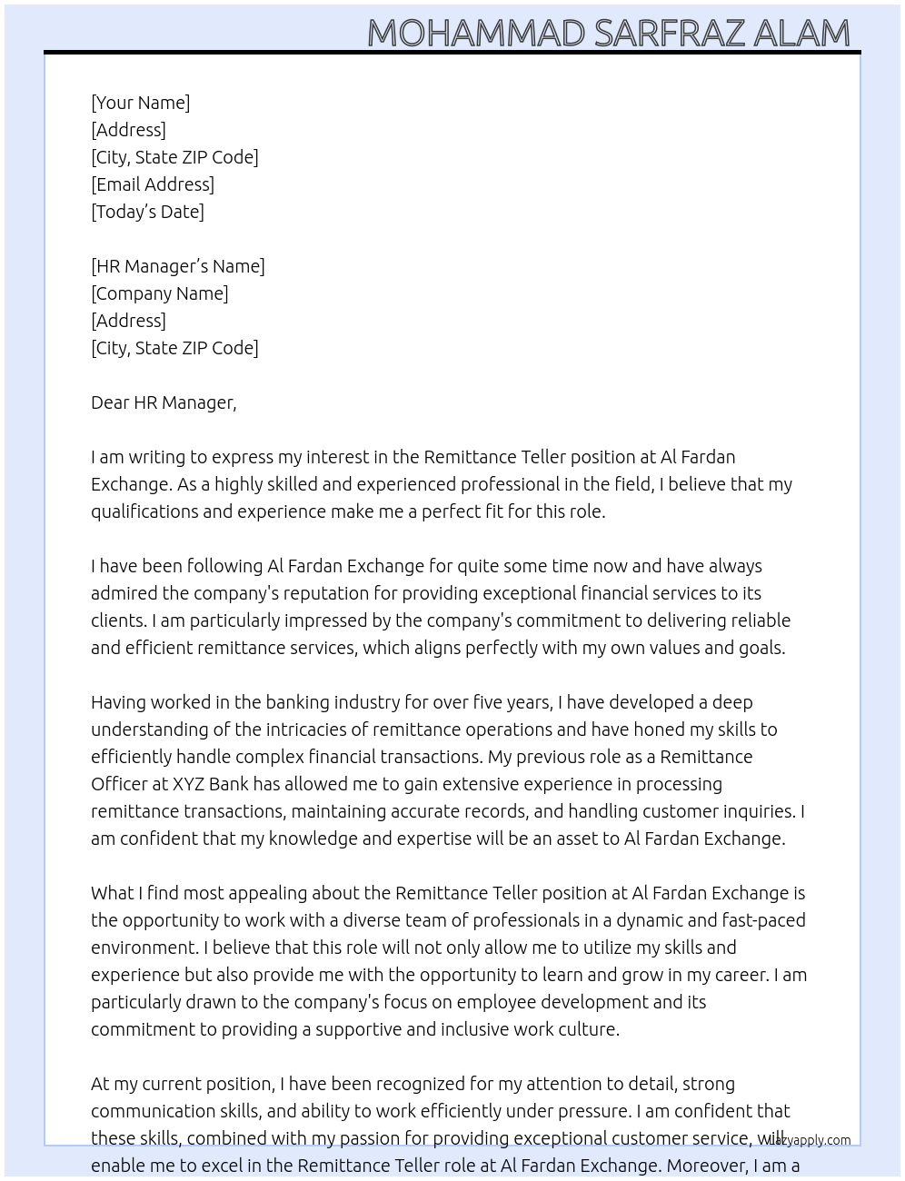 Remittance teller  At Al Fardan Exchange  Cover Letter