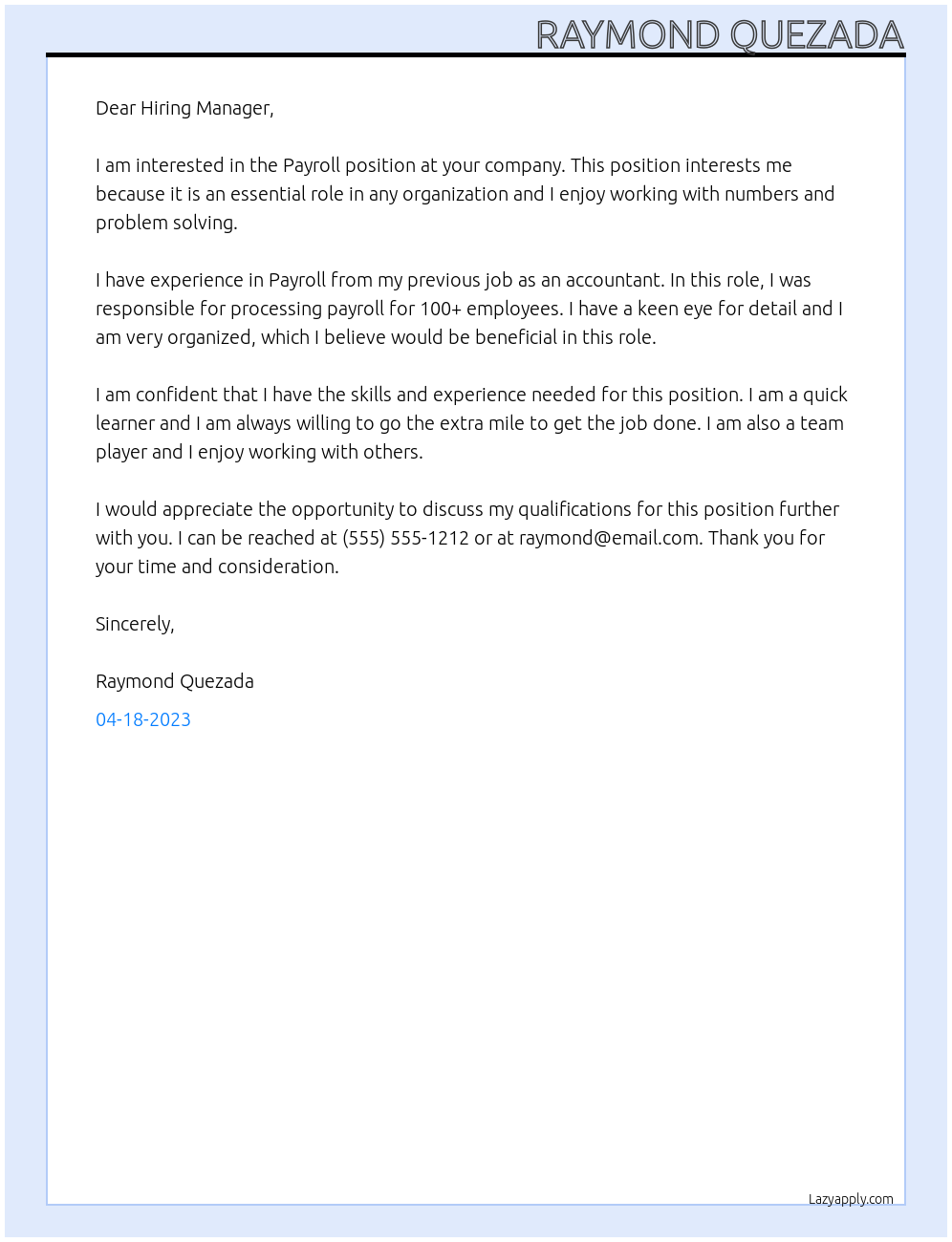 Payroll At your company Cover Letter