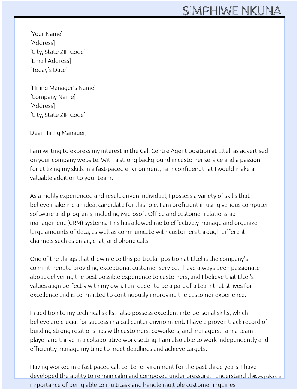 Call Centre Agent  At Eltel  Cover Letter