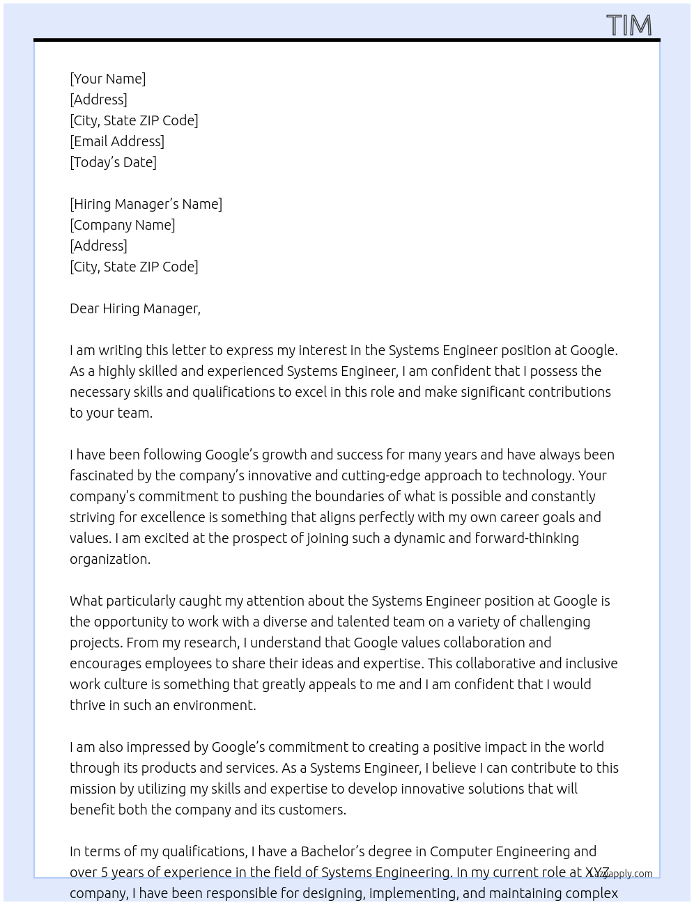 Systems Engineer At Google Cover Letter