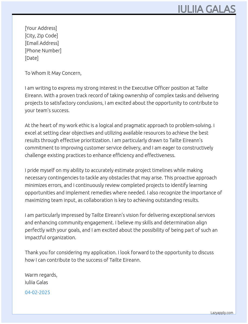 Cover letter for executive officer - LazyApply