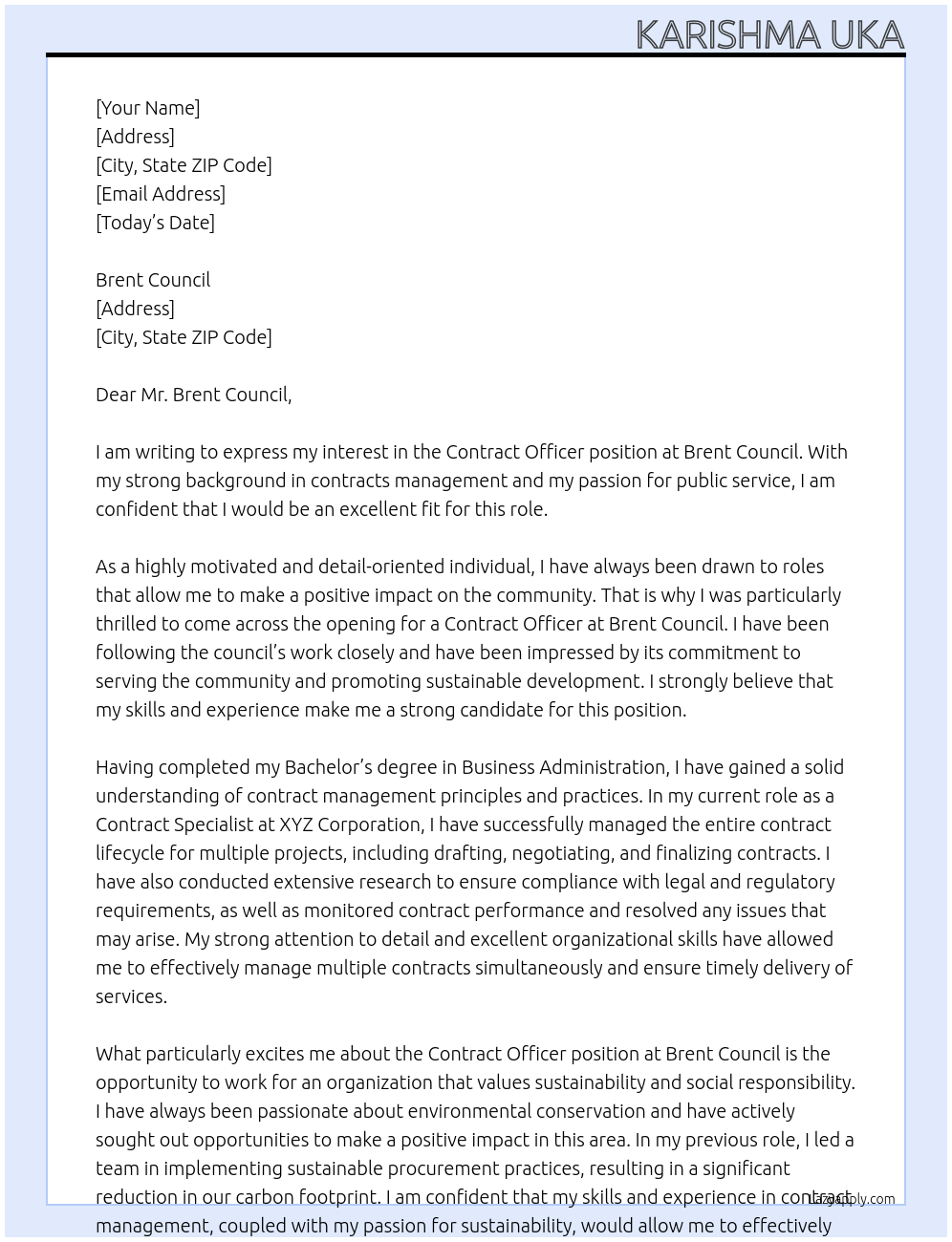 Contract Officer At Brent Council Cover Letter