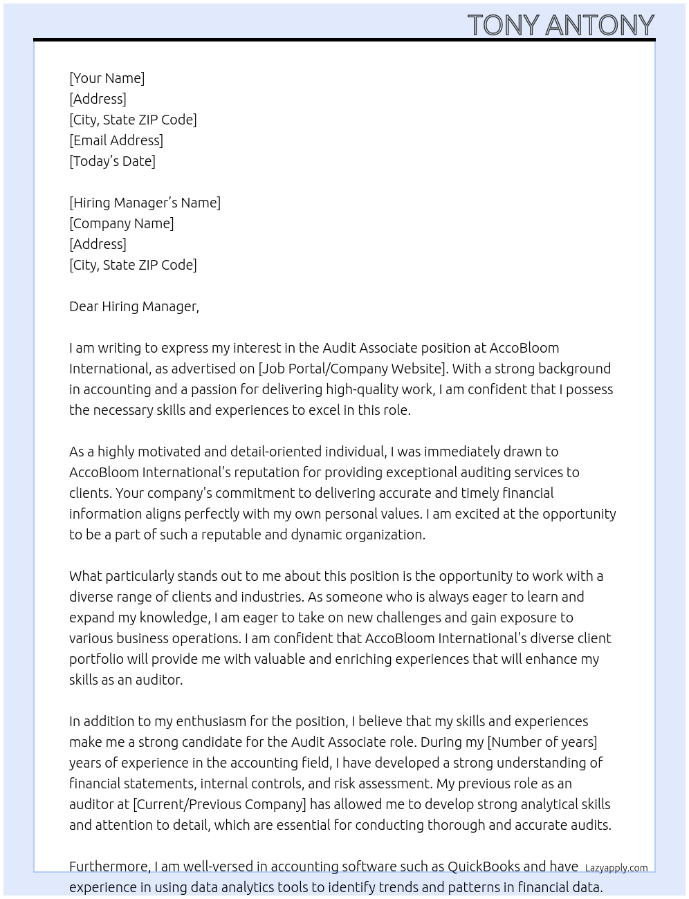 audit associate At AccoBloom International Cover Letter