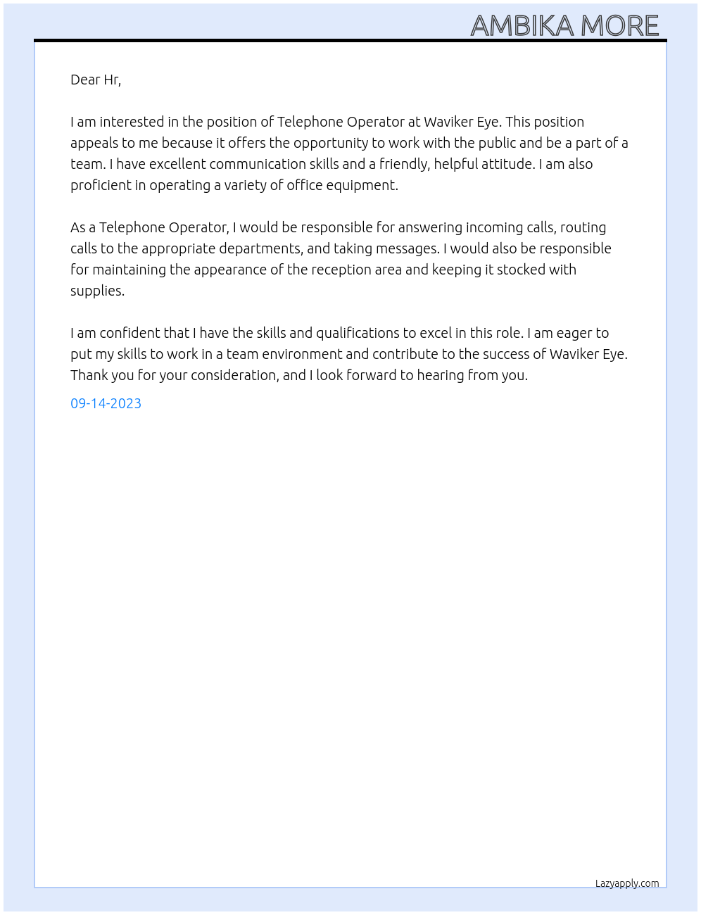 Telephone Operator At Waviker Eye Cover Letter