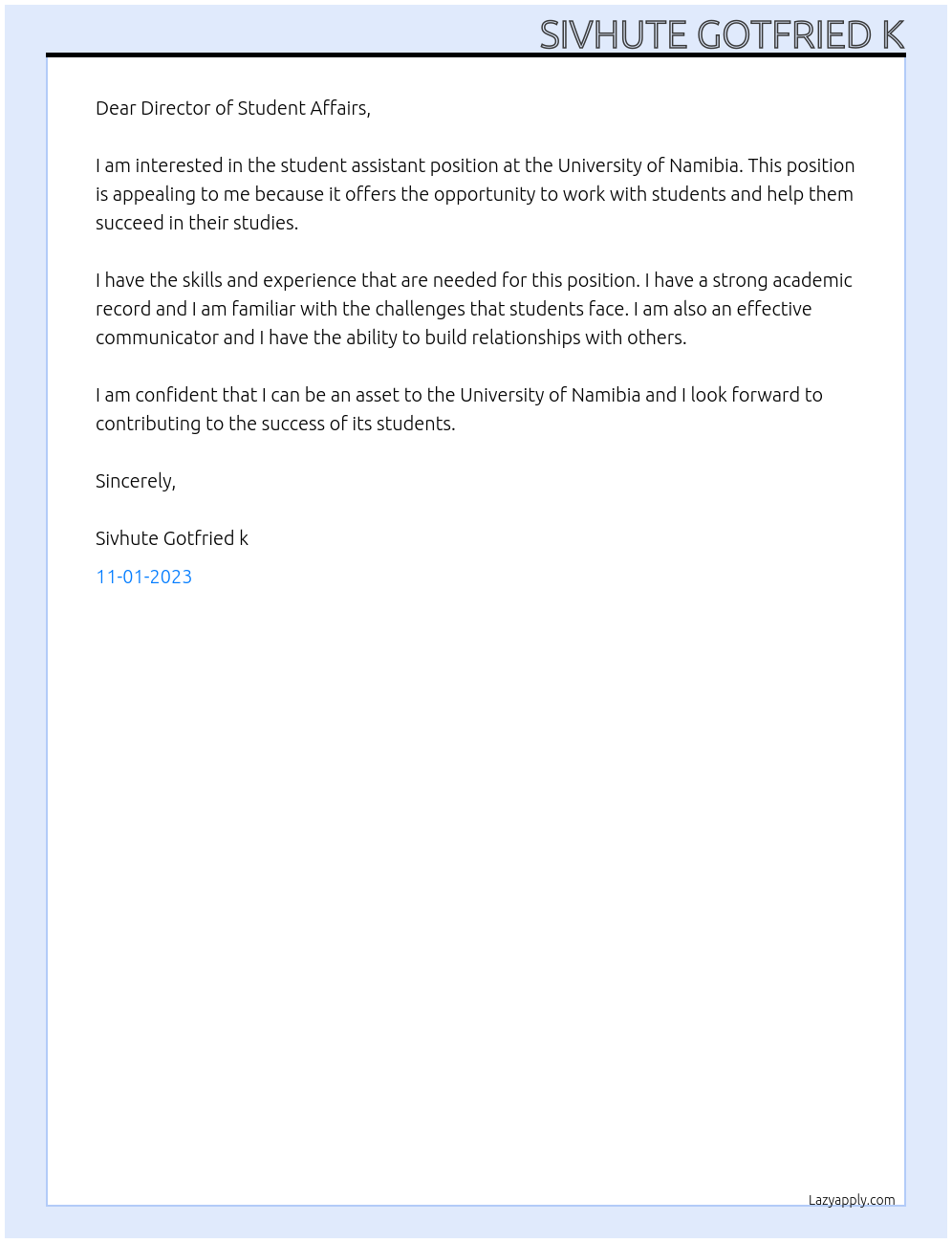 Student assistant  At University of Namibia Cover Letter