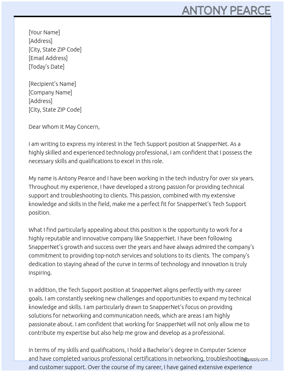 tech support At SnapperNet Cover Letter