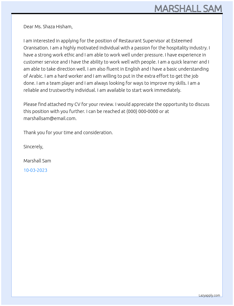 Restaurant Supervisor At Esteemed Oranisation Cover Letter