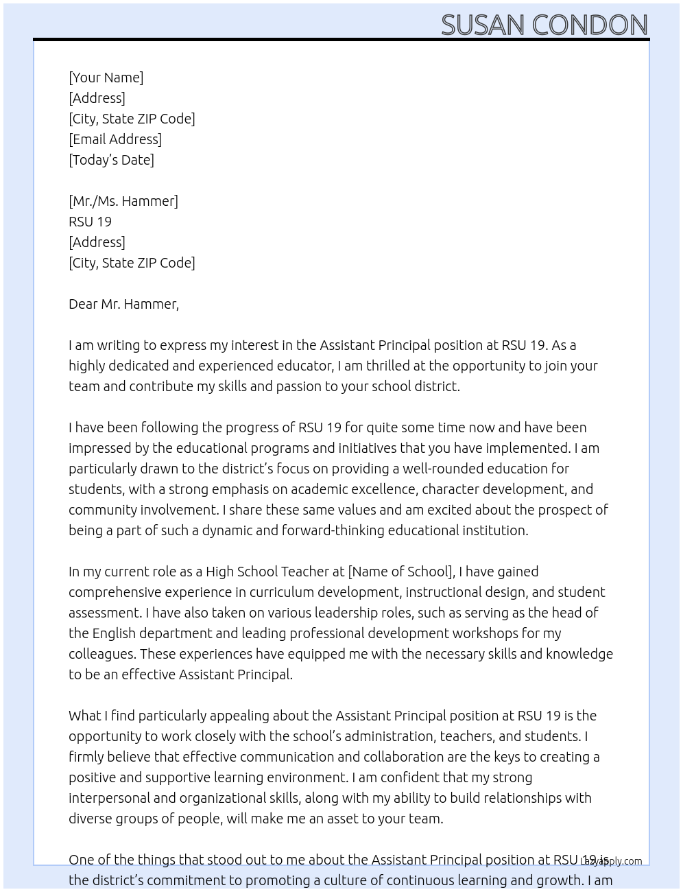 Assistant Principal At RSU 19 Cover Letter