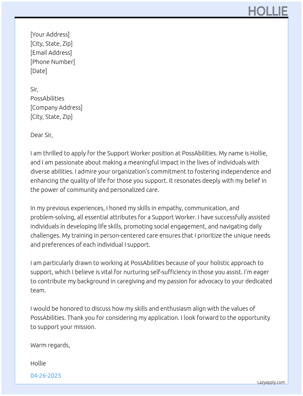 Support worker At PossAbilities Cover Letter