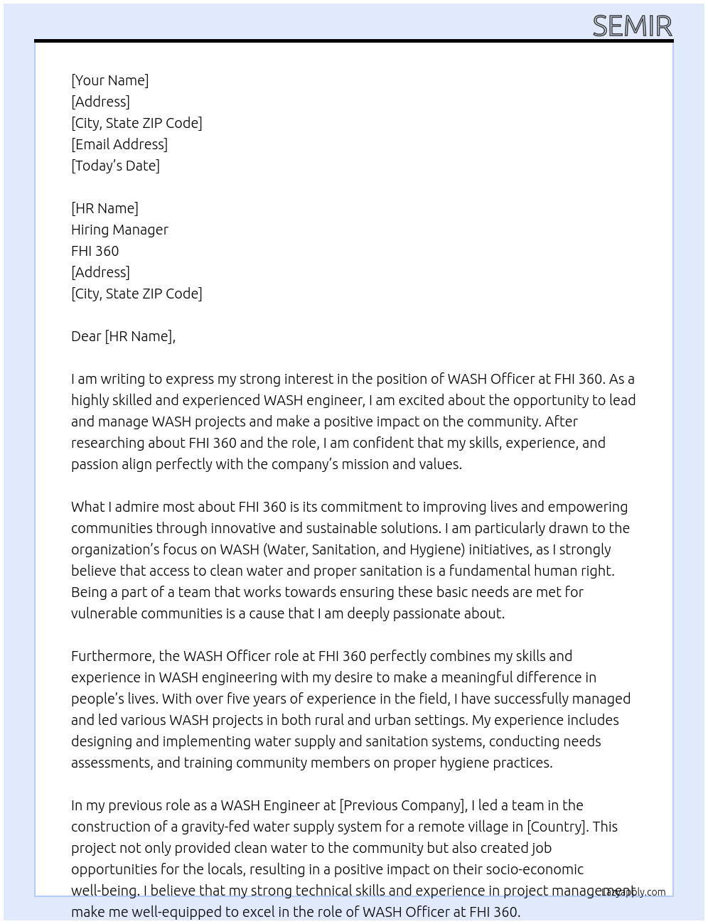 WASH Officer At FHI 360 Cover Letter