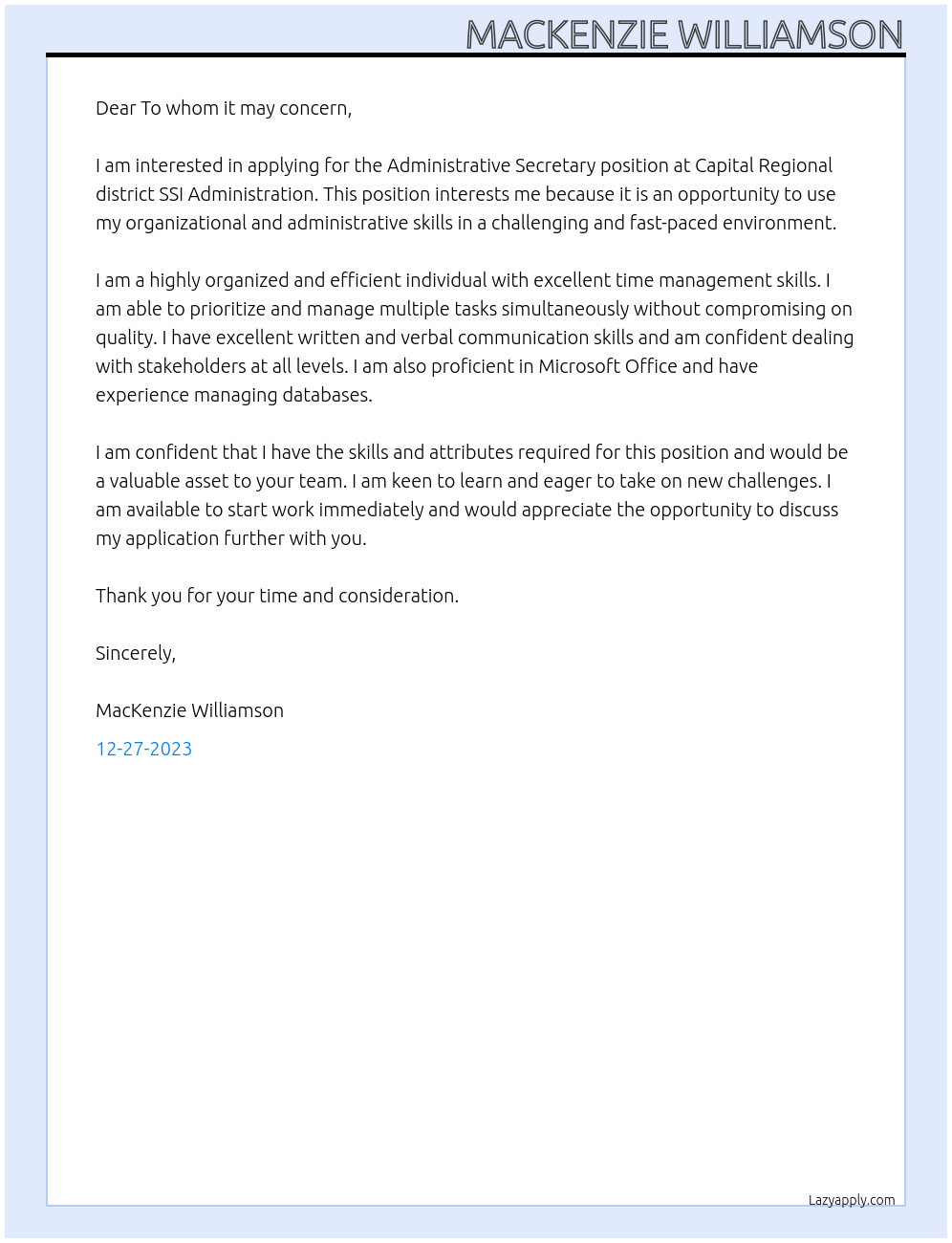 Administrative Secretary At Capital Regional district SSI Administration Cover Letter