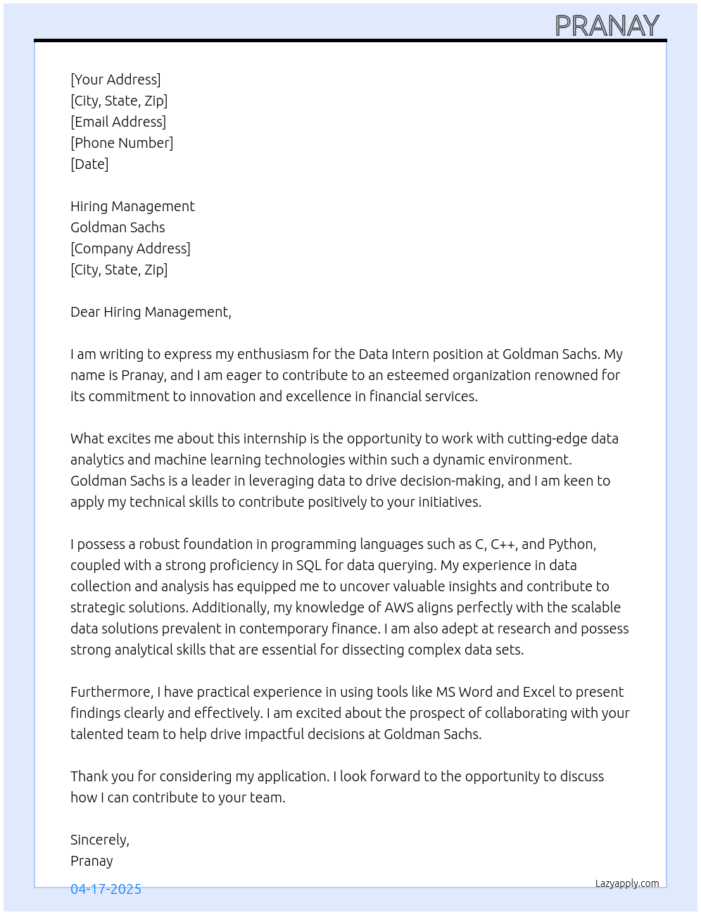 Cover letter for data internships - LazyApply
