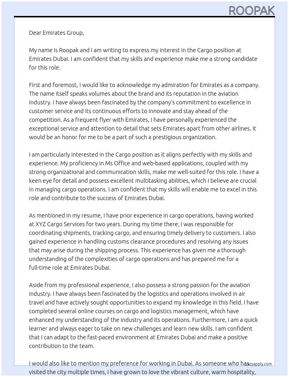 Cargo  At Emirates dubai Cover Letter