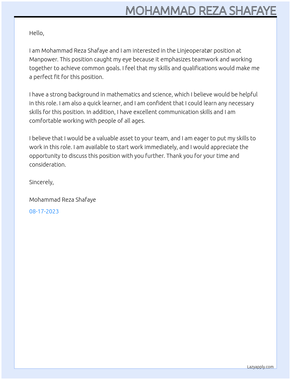 Linjeoperatør At Manpower Cover Letter