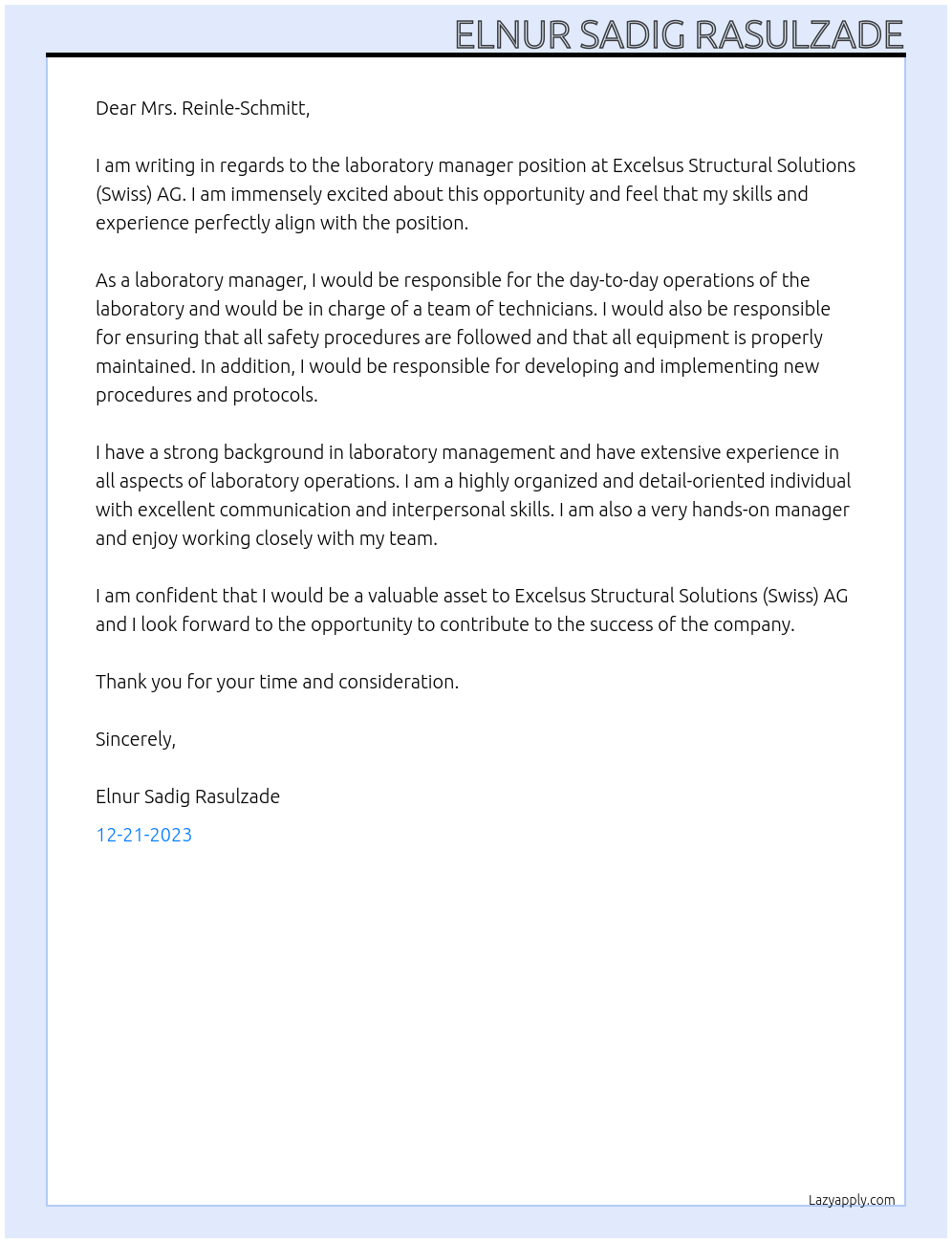 Laboratory Manager At Excelsus Structural Solutions (Swiss) AG Cover Letter