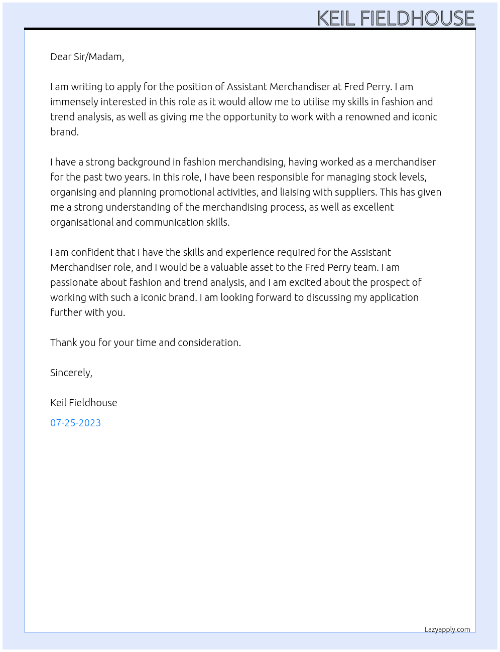 Assistant merchandiser At Fred Perry Cover Letter