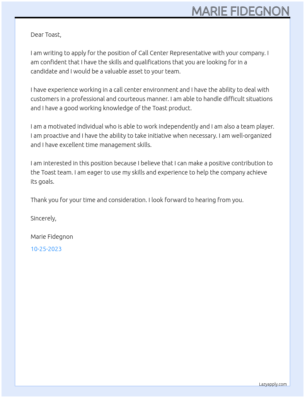 Call Center Representative At Toast Cover Letter