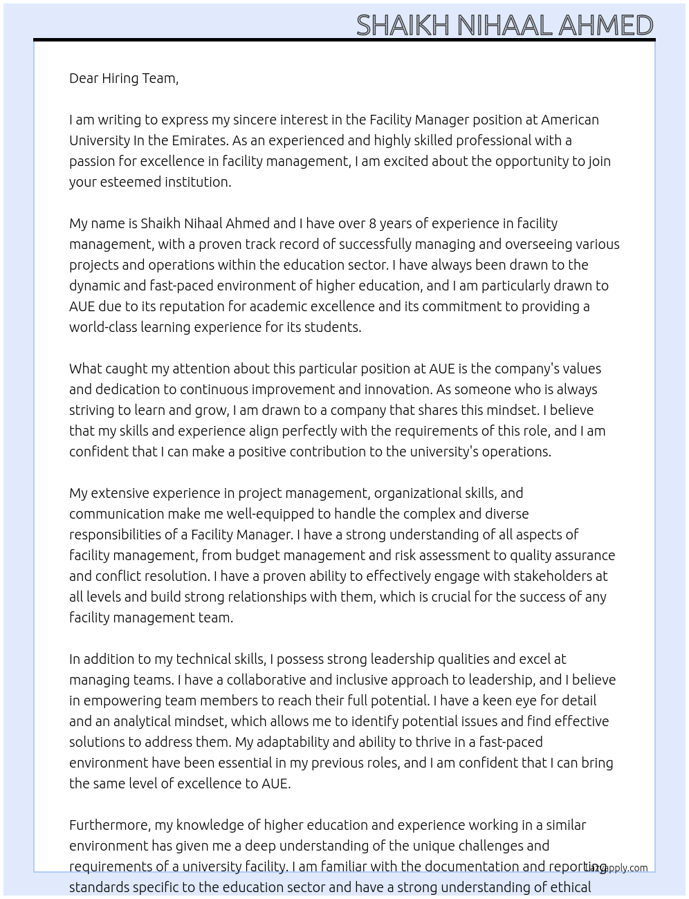 Facility Manager At American University In the Emirates Cover Letter