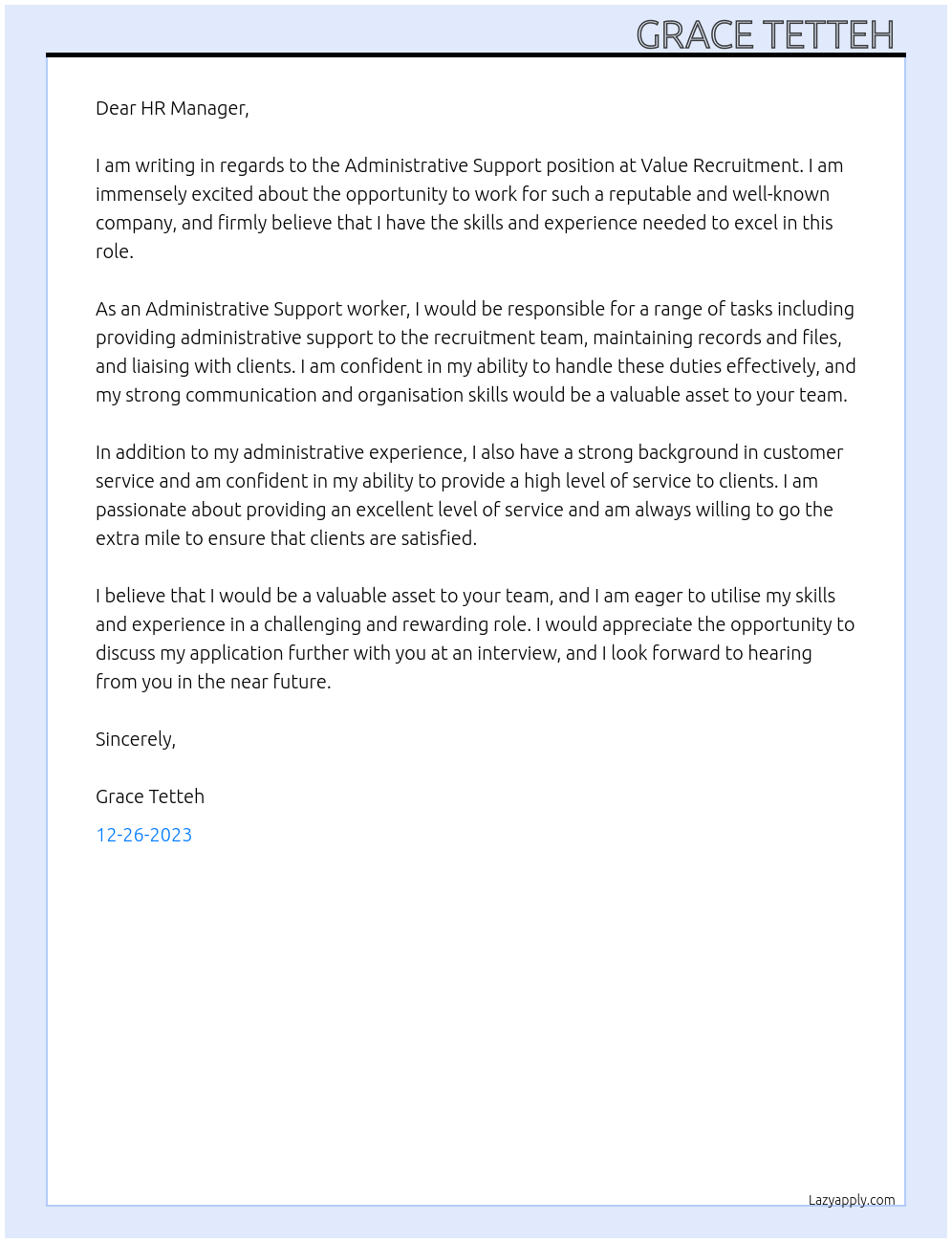 Administrative Support At Value Recruitment Cover Letter