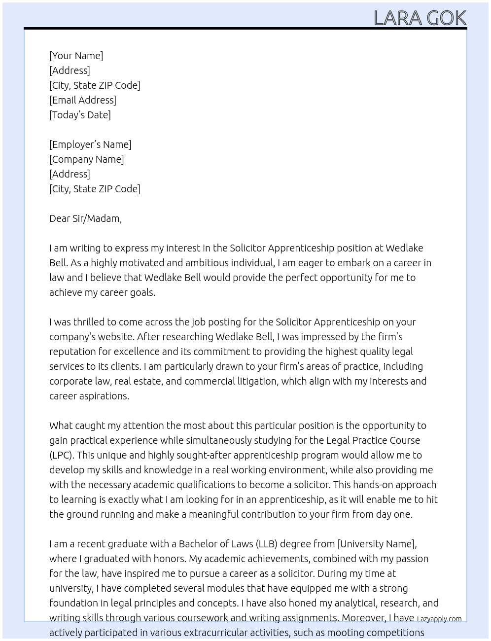 Solicitor apprenticeship At Wedlake Bell Cover Letter