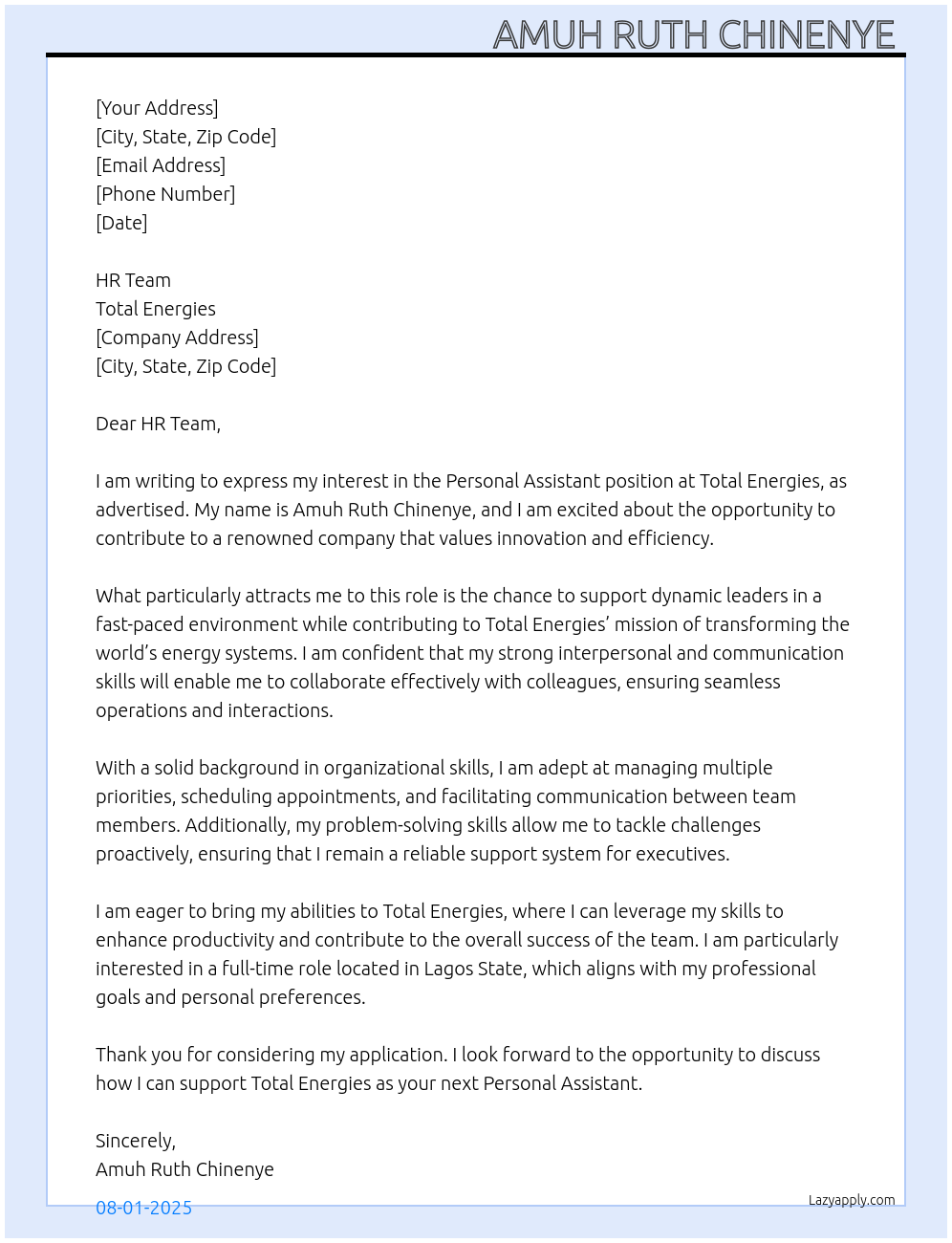 Personal assistant At Total energies Cover Letter