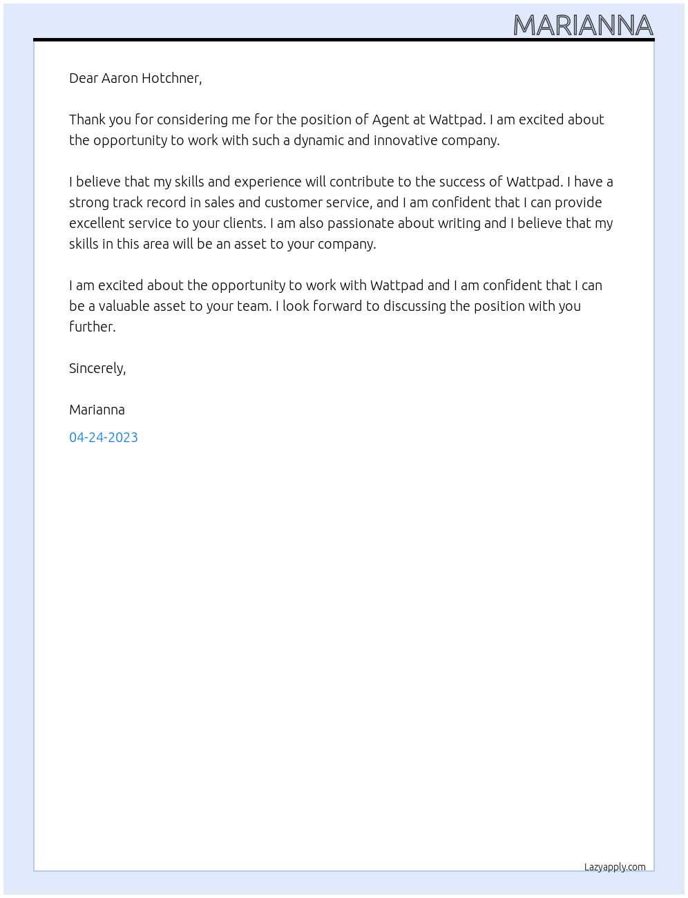 Agent At Wattpad Cover Letter