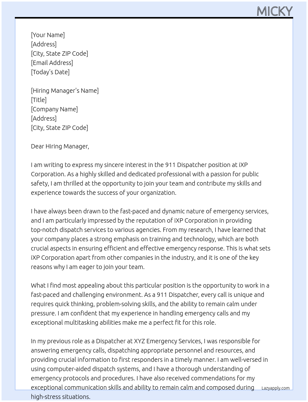 911 Dispatcher At iXP Corporation Cover Letter