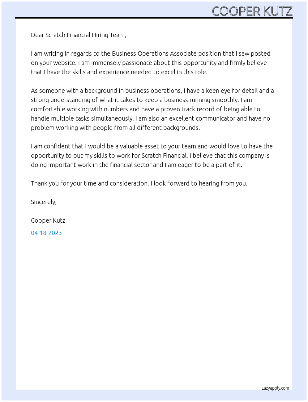 Business Operations Associate At Scratch Financial Cover Letter