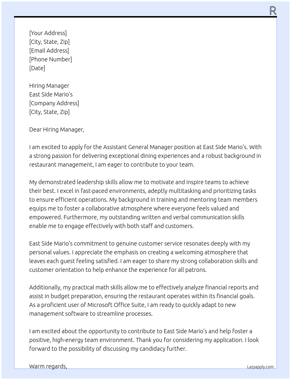 Cover letter for assistant general manager - LazyApply