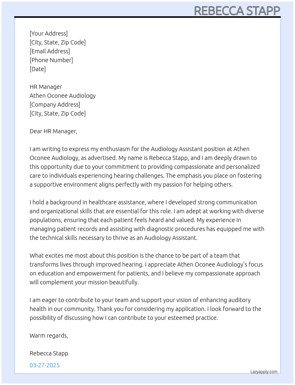 Audiology Assistant  At Athen Oconee Audiology  Cover Letter