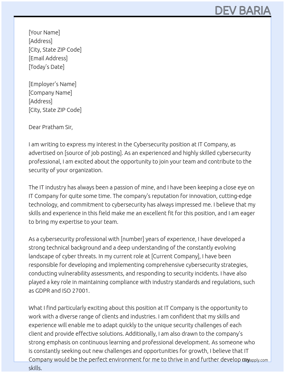 Cybersecurity At It company Cover Letter