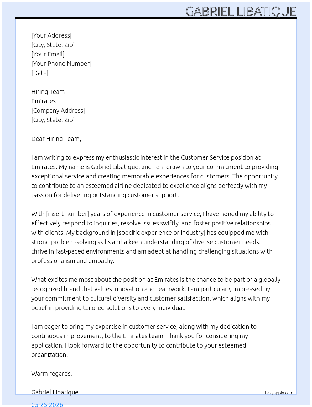 Customer Service At Emirates Cover Letter