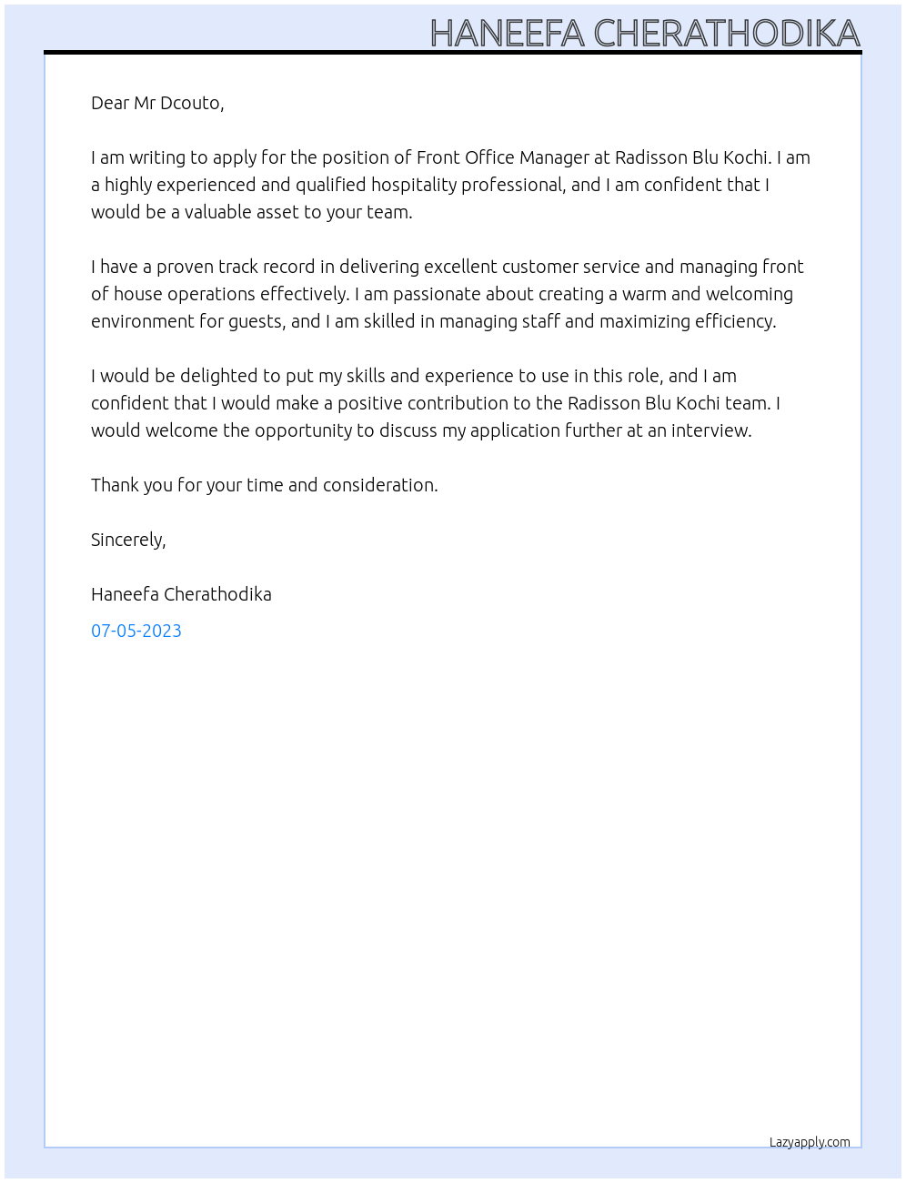 Front Office Manager At Radisson Blu Kochi Cover Letter