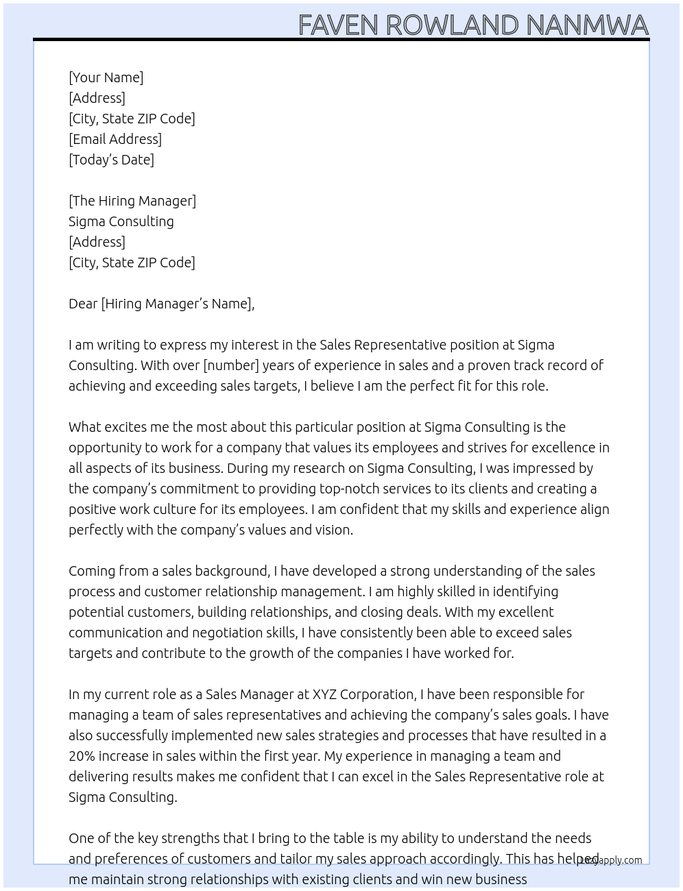 Sales Representative At Sigma Consulting Cover Letter