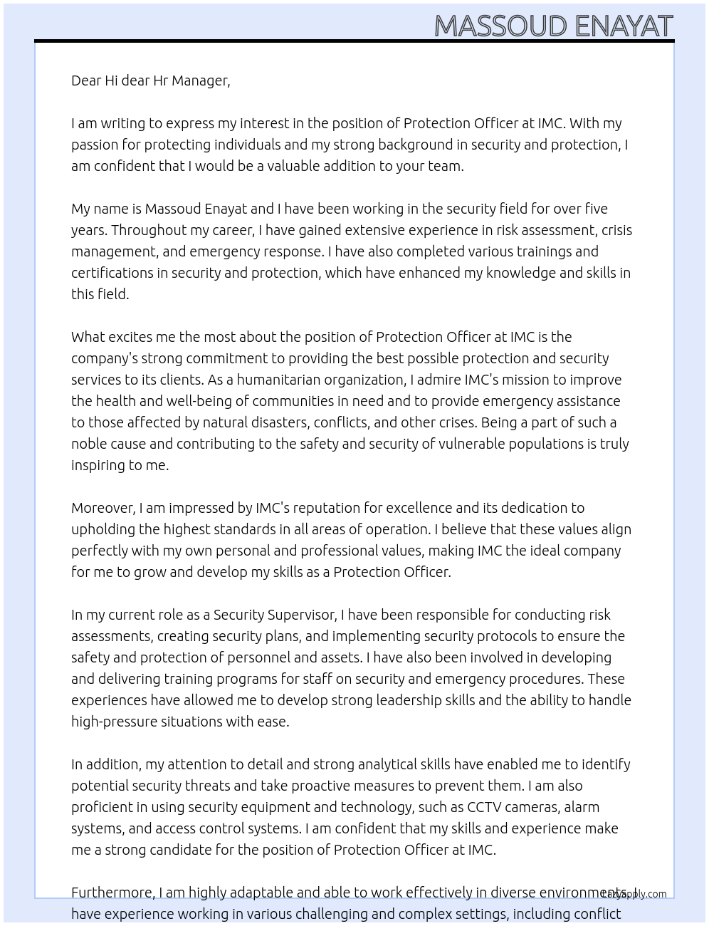 protection officer At Imc Cover Letter