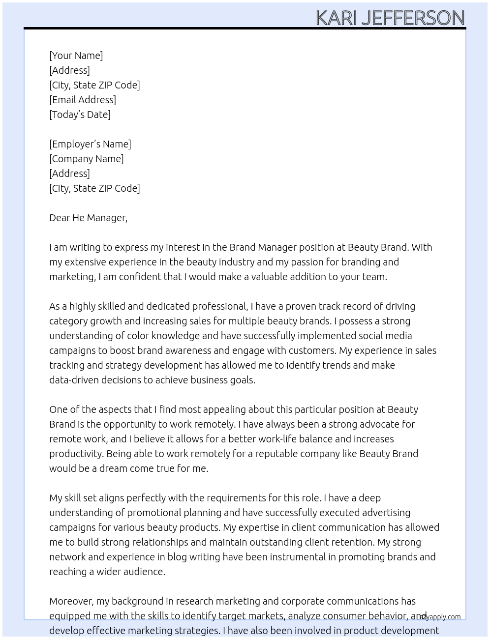 Brand manager At Beauty brand Cover Letter